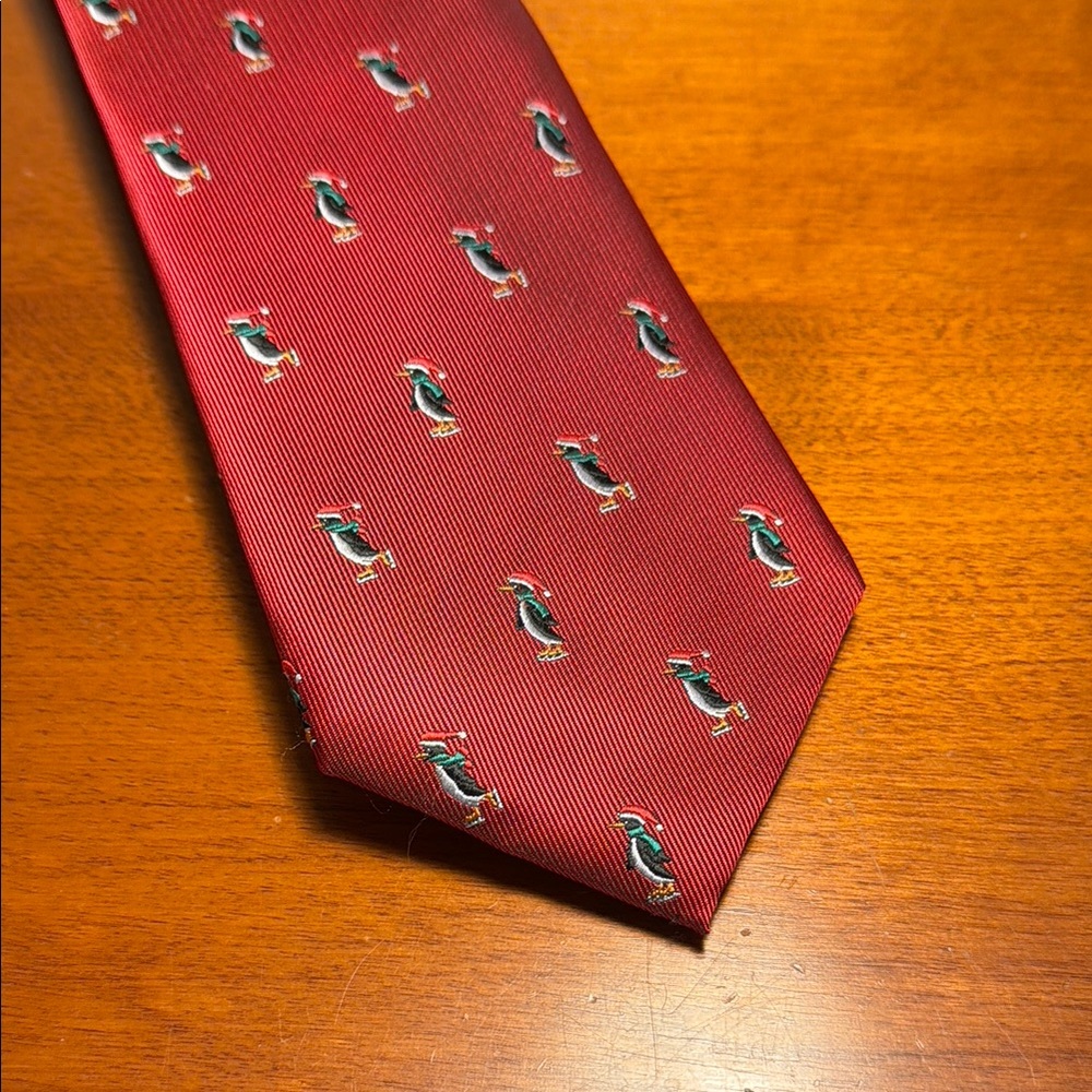 Elegant Red Skating Penguin Holiday Winter Patterned Tie